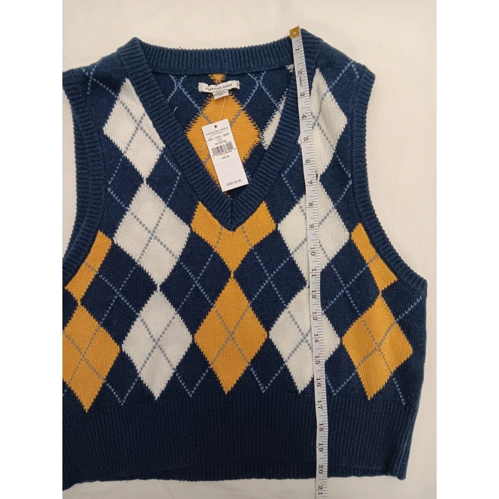 American Eagle Outfitters Argyle Sweater Vest Navy Blue Yellow White Women's M - Picture 8 of 9